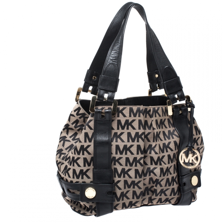 Pre Owned MICHAEL Michael Kors Black/Beige Signature Canvas and Leather Harness Grab Shoulder Bag