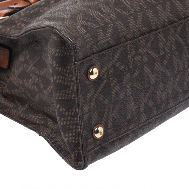 Pre Owned MICHAEL Michael Kors Brown Signature Coated Canvas and Leather Hamilton East West Tote