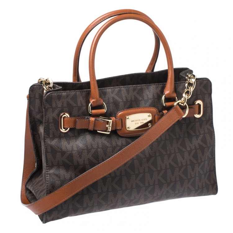 Pre Owned MICHAEL Michael Kors Brown Signature Coated Canvas and Leather Hamilton East West Tote