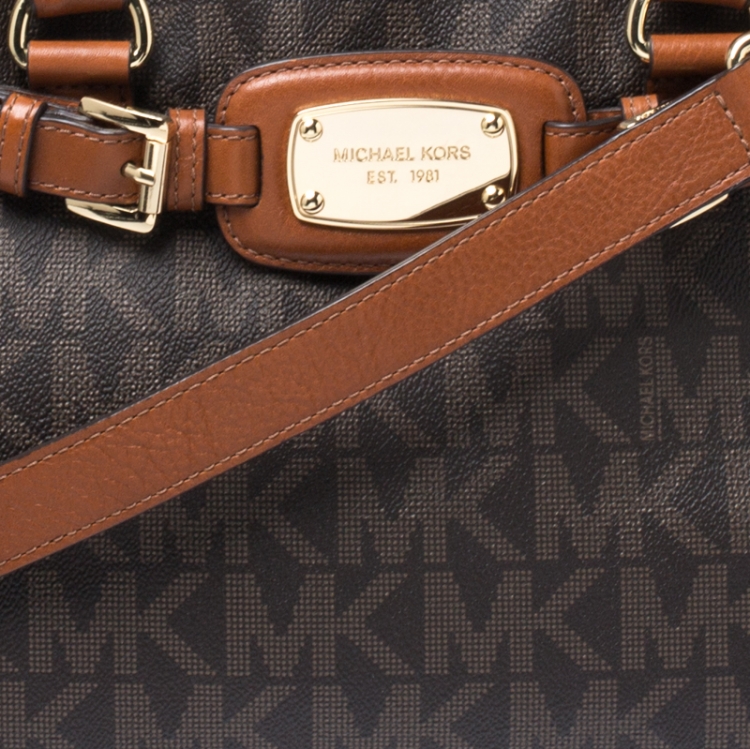 Pre Owned MICHAEL Michael Kors Brown Signature Coated Canvas and Leather Hamilton East West Tote
