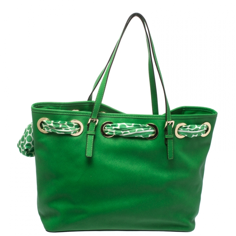 Pre Owned MICHAEL Michel Kors Green Leather Large Jet Set Scarf Tote