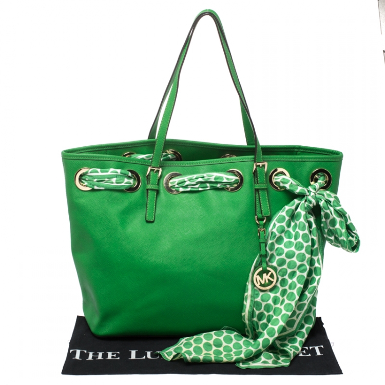 Pre Owned MICHAEL Michel Kors Green Leather Large Jet Set Scarf Tote