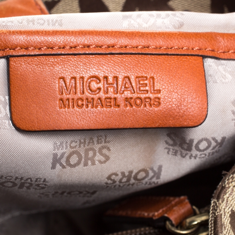 Pre Owned MICHAEL Michael Kors Beige/Orange Canvas and Leather Sided Pocket Bag