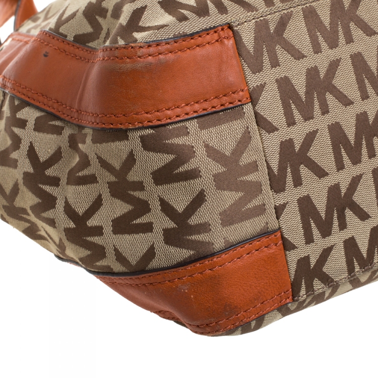 Pre Owned MICHAEL Michael Kors Beige/Orange Canvas and Leather Sided Pocket Bag