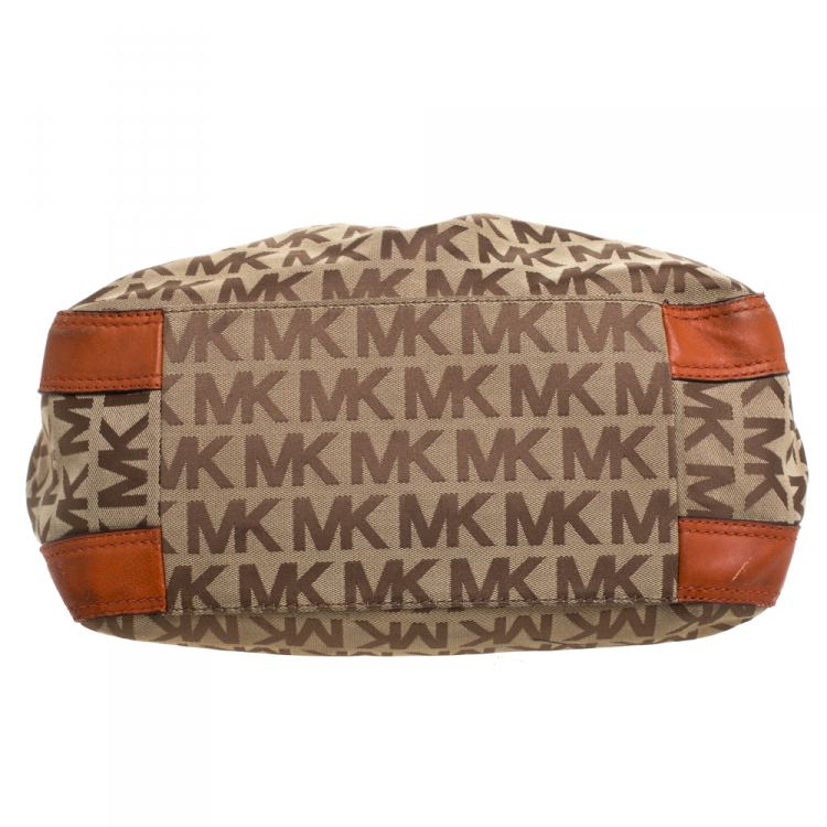 Pre Owned MICHAEL Michael Kors Beige/Orange Canvas and Leather Sided Pocket Bag