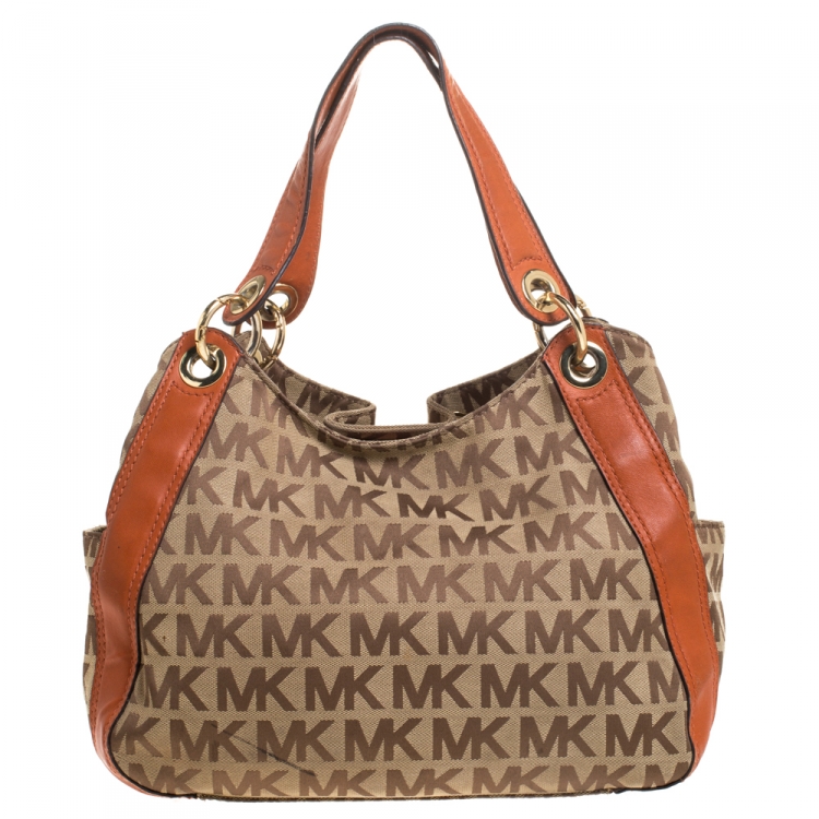 Pre Owned MICHAEL Michael Kors Beige/Orange Canvas and Leather Sided Pocket Bag