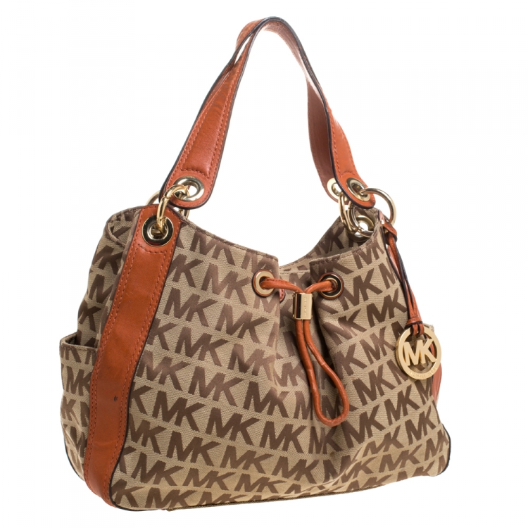 Pre Owned MICHAEL Michael Kors Beige/Orange Canvas and Leather Sided Pocket Bag