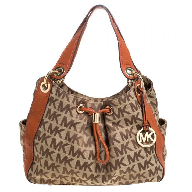 Pre Owned MICHAEL Michael Kors Beige/Orange Canvas and Leather Sided Pocket Bag