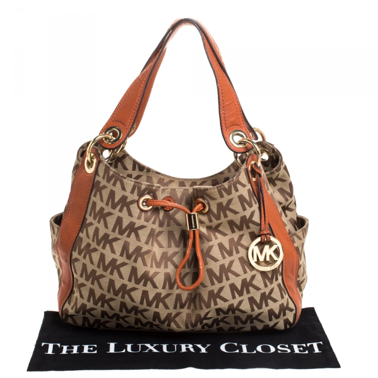 Pre Owned MICHAEL Michael Kors Beige/Orange Canvas and Leather Sided Pocket Bag