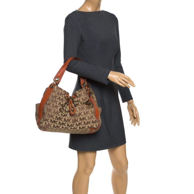 Pre Owned MICHAEL Michael Kors Beige/Orange Canvas and Leather Sided Pocket Bag