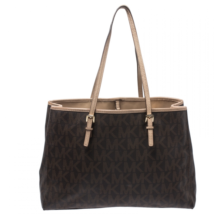 Pre Owned MICHAEL Michael Kors Brown Signature Coated Canvas and Leather Jet Set Tote