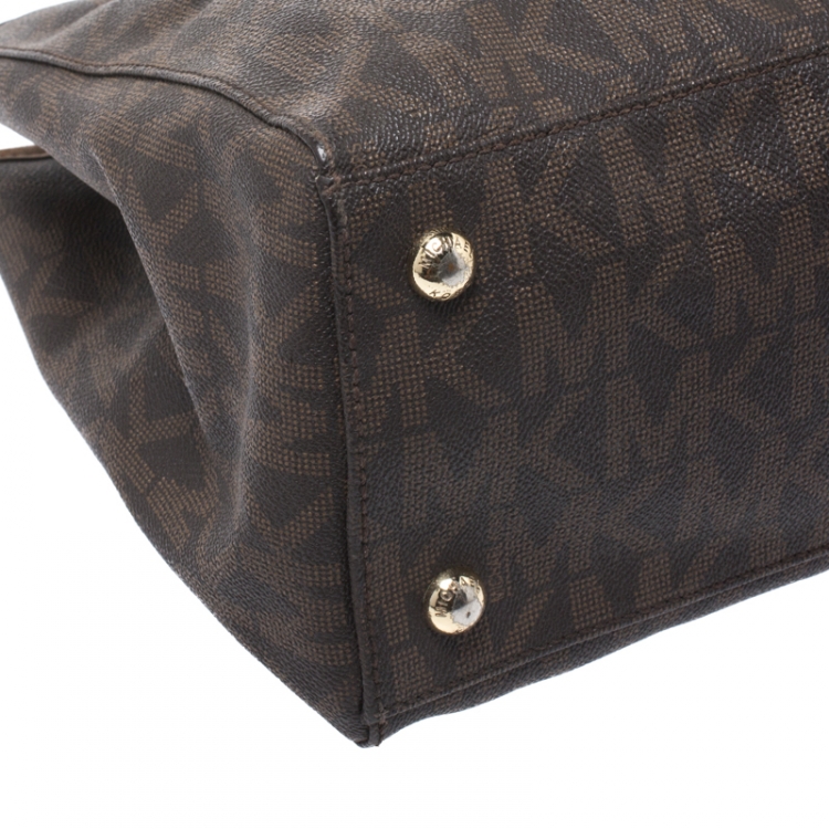 Pre Owned MICHAEL Michael Kors Brown Signature Coated Canvas and Leather Jet Set Tote