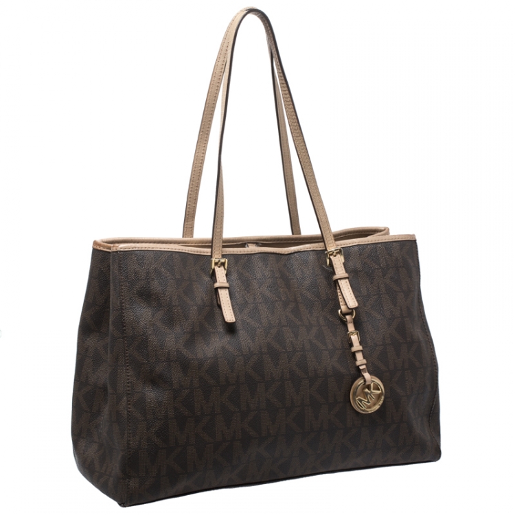 Pre Owned MICHAEL Michael Kors Brown Signature Coated Canvas and Leather Jet Set Tote