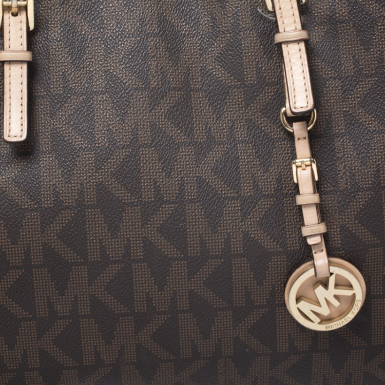 Pre Owned MICHAEL Michael Kors Brown Signature Coated Canvas and Leather Jet Set Tote