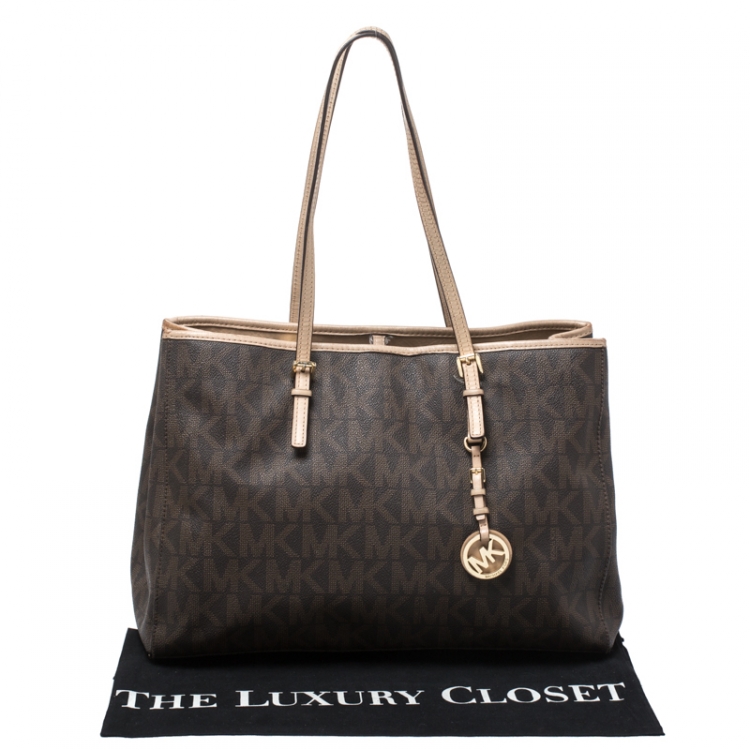 Pre Owned MICHAEL Michael Kors Brown Signature Coated Canvas and Leather Jet Set Tote