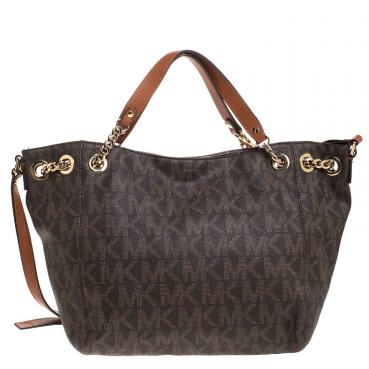 Pre Owned Michael Michael Kors Brown Signature Leather Jet Set Chain Hobo
