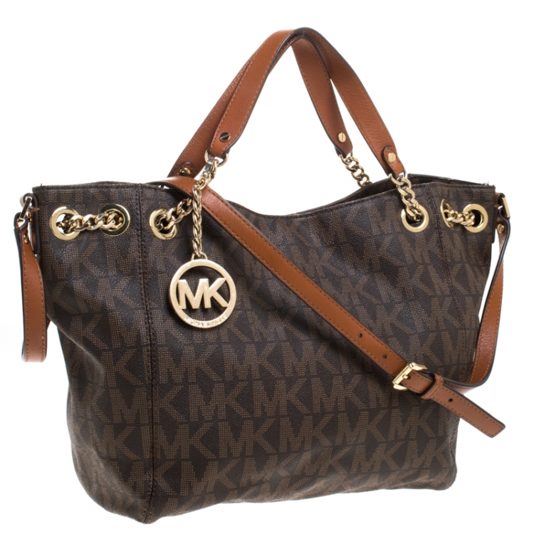 Pre Owned Michael Michael Kors Brown Signature Leather Jet Set Chain Hobo