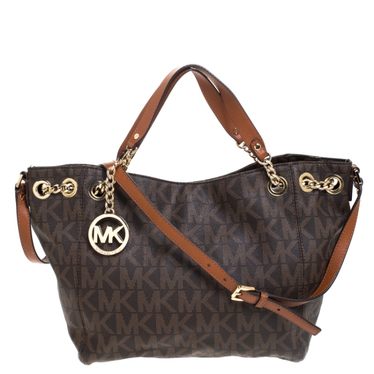 Pre Owned Michael Michael Kors Brown Signature Leather Jet Set Chain Hobo