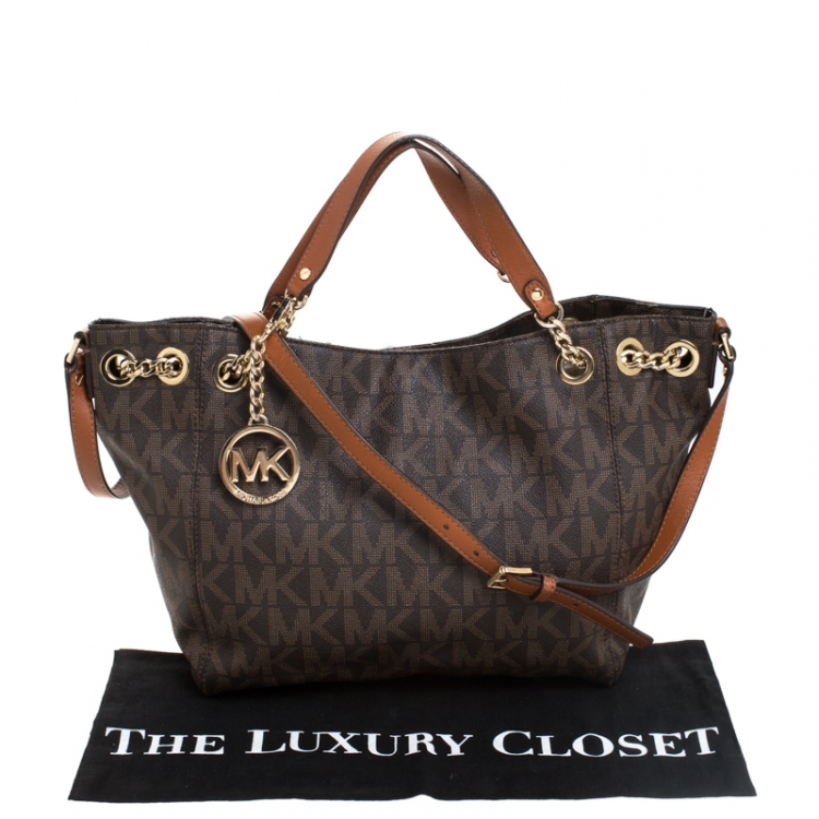 Pre Owned Michael Michael Kors Brown Signature Leather Jet Set Chain Hobo