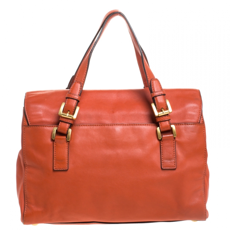 Pre Owned MICHAEL Michael Kors Dark Orange Leather Pushlock Flap Shoulder Bag