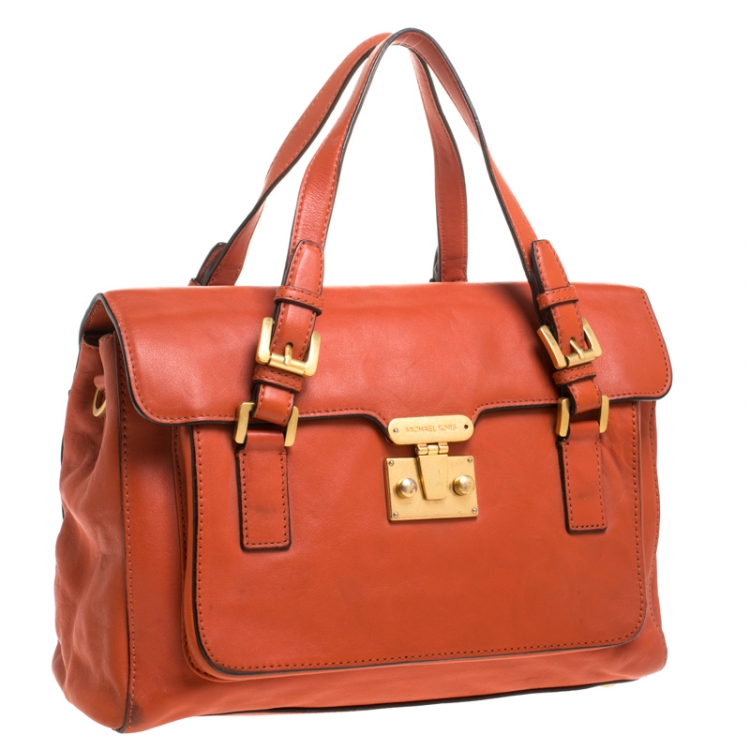 Pre Owned MICHAEL Michael Kors Dark Orange Leather Pushlock Flap Shoulder Bag