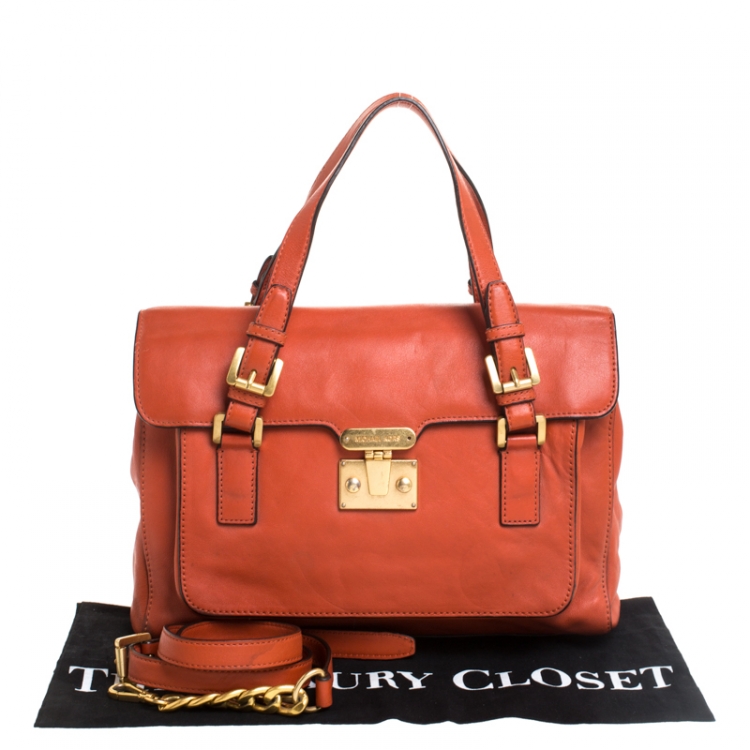 Pre Owned MICHAEL Michael Kors Dark Orange Leather Pushlock Flap Shoulder Bag