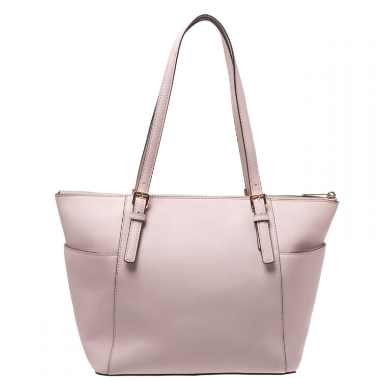 Pre Owned Michael Michael Kors Powder Pink Leather Top Zip Jet Set Tote