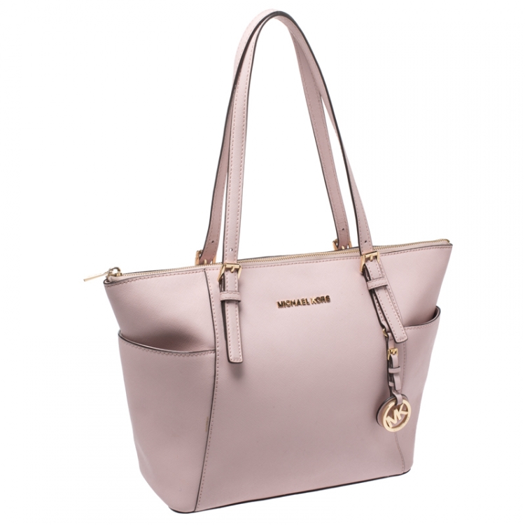 Pre Owned Michael Michael Kors Powder Pink Leather Top Zip Jet Set Tote