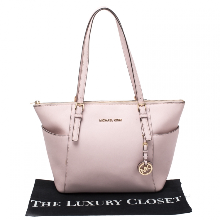 Pre Owned Michael Michael Kors Powder Pink Leather Top Zip Jet Set Tote