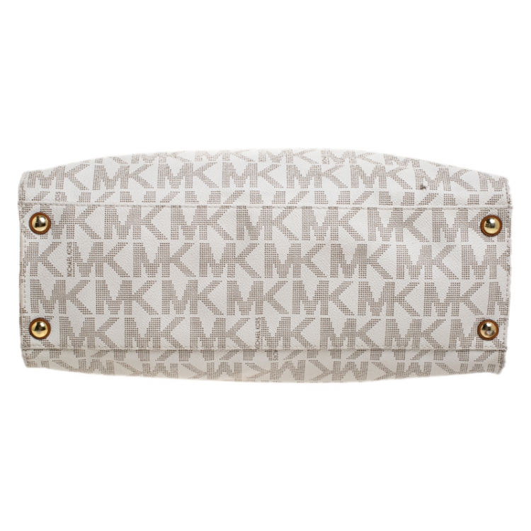Pre Owned Michael Michael Kors Cream/Brown Coated Canvas and Leather East West Hamilton Tote