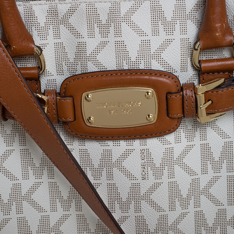 Pre Owned Michael Michael Kors Cream/Brown Coated Canvas and Leather East West Hamilton Tote