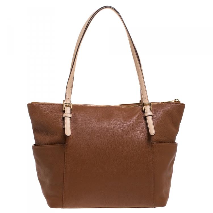 مملوكة مسبقًا Michael Michael Kors Brown Saffiano Leather Top Zip Jet Set Tote