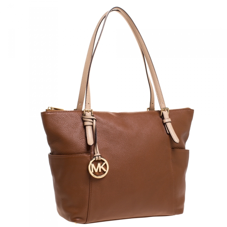مملوكة مسبقًا Michael Michael Kors Brown Saffiano Leather Top Zip Jet Set Tote