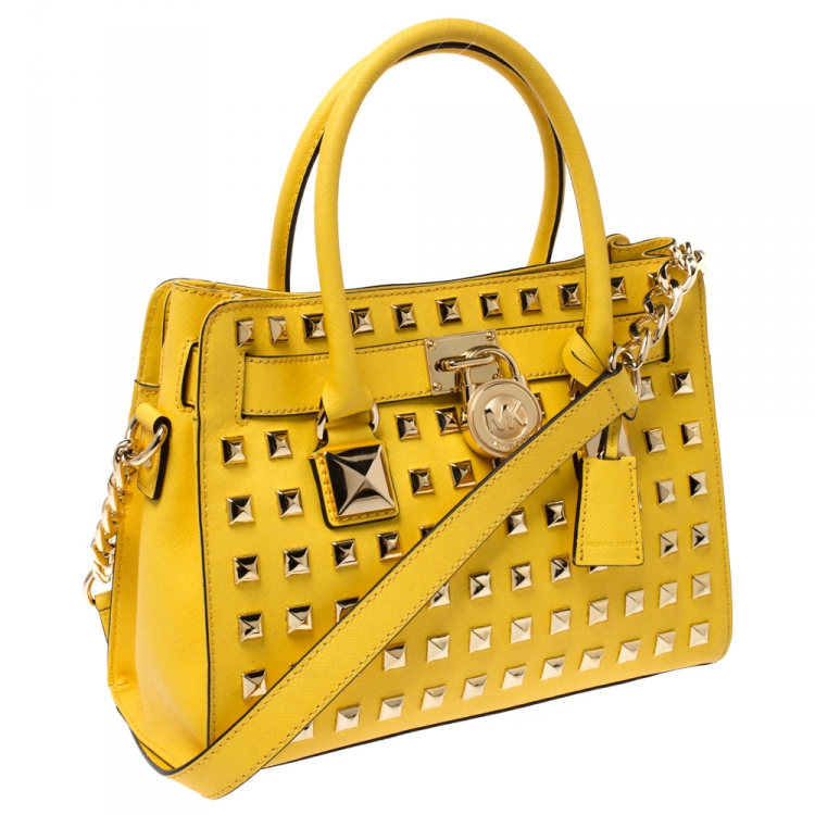 Pre Owned MICHAEL Michael Kors Yellow Leather Studded Hamilton Tote