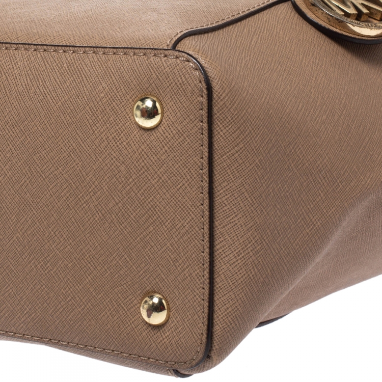 Pre Owned MICHAEL Michael Kors Beige Leather Top Zip Jet Set Tote