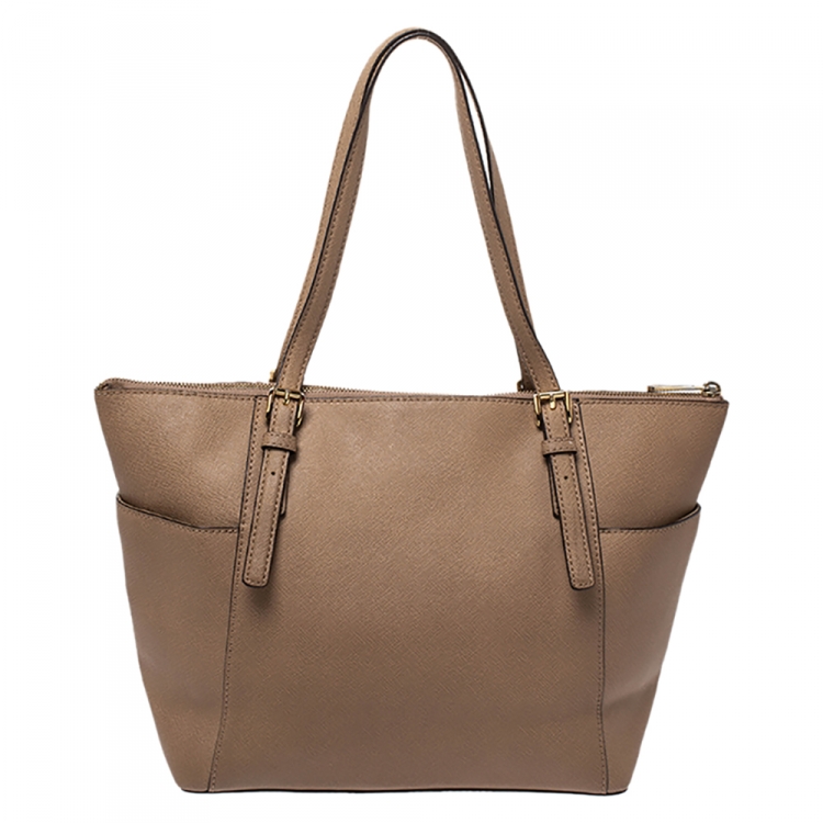 Pre Owned MICHAEL Michael Kors Beige Leather Top Zip Jet Set Tote
