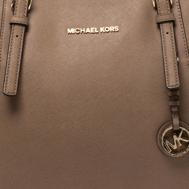 Pre Owned MICHAEL Michael Kors Beige Leather Top Zip Jet Set Tote