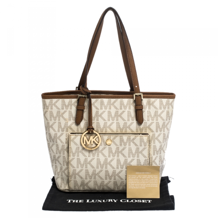 Pre Owned MICHAEL Michael Kors Ivory/Brown PVC and Leather Snap Pocket Tote