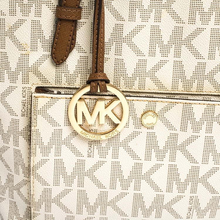 Pre Owned MICHAEL Michael Kors Ivory/Brown PVC and Leather Snap Pocket Tote