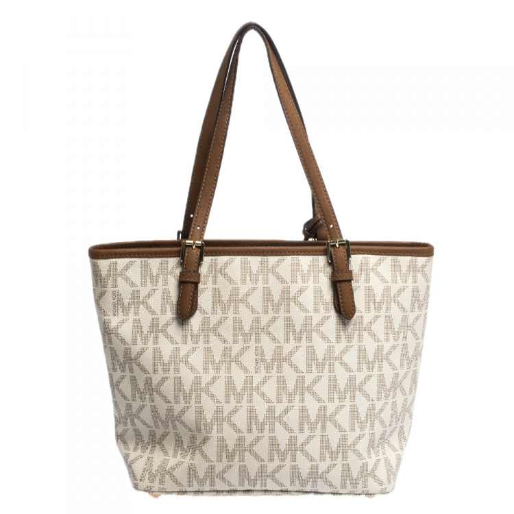Pre Owned MICHAEL Michael Kors Ivory/Brown PVC and Leather Snap Pocket Tote