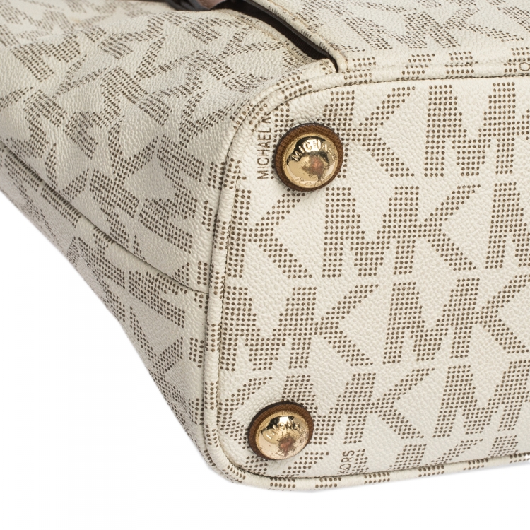 Pre Owned MICHAEL Michael Kors Ivory/Brown PVC and Leather Snap Pocket Tote