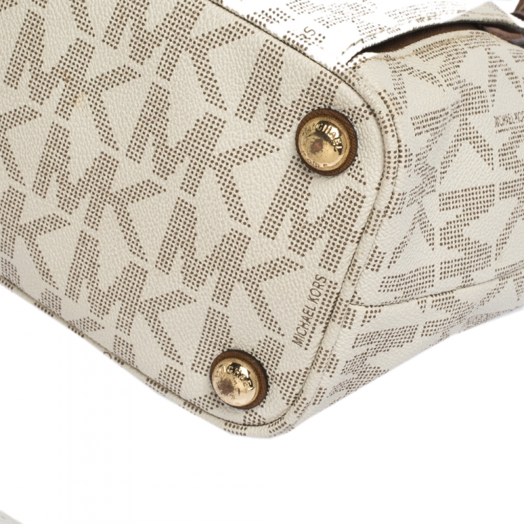 Pre Owned MICHAEL Michael Kors Ivory/Brown PVC and Leather Snap Pocket Tote
