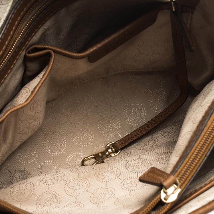 Pre Owned MICHAEL Michael Kors Ivory/Brown PVC and Leather Snap Pocket Tote