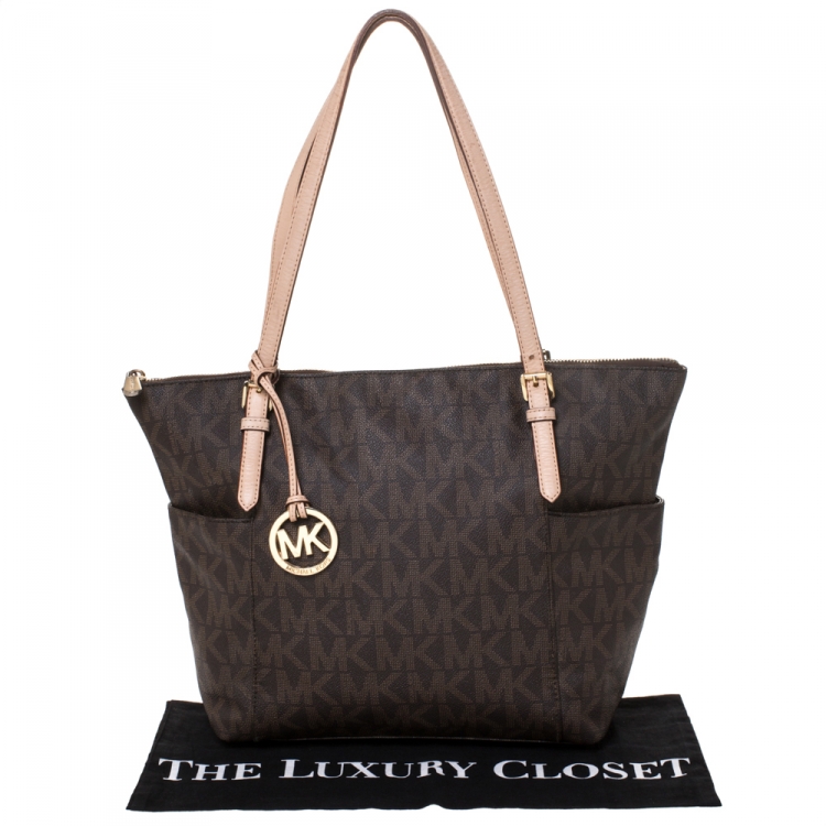 Pre Owned MICHAEL Michael Kors Dark Brown Signature Coated Canvas Top Zip Jet Set Tote
