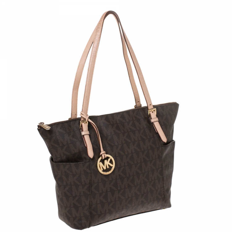 Pre Owned MICHAEL Michael Kors Dark Brown Signature Coated Canvas Top Zip Jet Set Tote