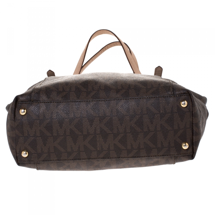 Pre Owned MICHAEL Michael Kors Dark Brown Signature Coated Canvas Top Zip Jet Set Tote