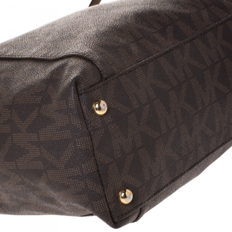 Pre Owned MICHAEL Michael Kors Dark Brown Signature Coated Canvas Top Zip Jet Set Tote