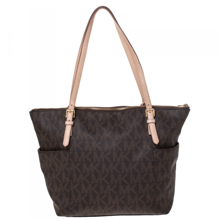 Pre Owned MICHAEL Michael Kors Dark Brown Signature Coated Canvas Top Zip Jet Set Tote