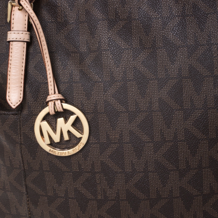 Pre Owned MICHAEL Michael Kors Dark Brown Signature Coated Canvas Top Zip Jet Set Tote