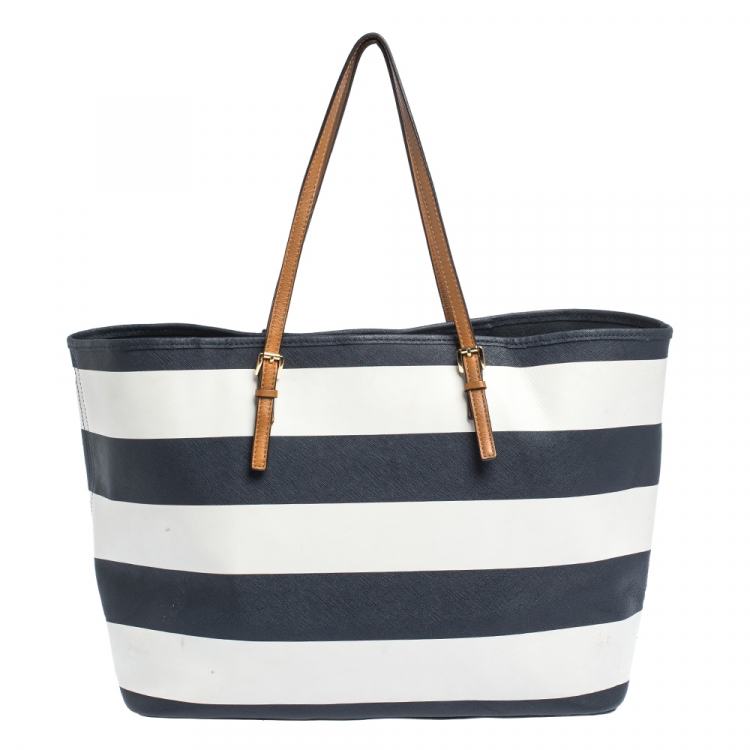 Pre Owned Michael Kors Tricolor Stripe Saffiano Leather Jet Set Tote